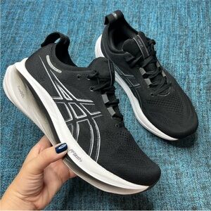 Asics Gel Nimbus 26 Running Shoes in Black White WIDE Width